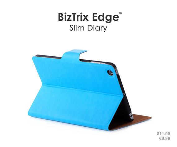 Standable wallet case in succinct design. Its ultra-thin profile keeps your iPad mini slim and lightweight. Colors: Black, brown, sky blue and rose red. Materials: Premium PU leather and ultra-thin PC material.